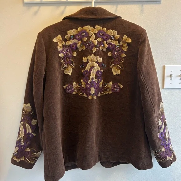 Coldwater Creek Beaded Embroidered Brown Open Front Jacket Floral Boho Women’s - Picture 9 of 10